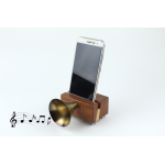 Handcrafted Exotic Wooden Phone Stand with Metal Gramophone